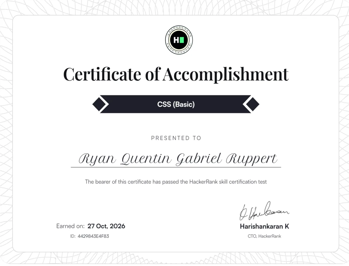 HackerRank-Zertifikat CSS (Basic), ausgestellt für Ryan Quentin Gabriel Ruppert am 27.10.2026