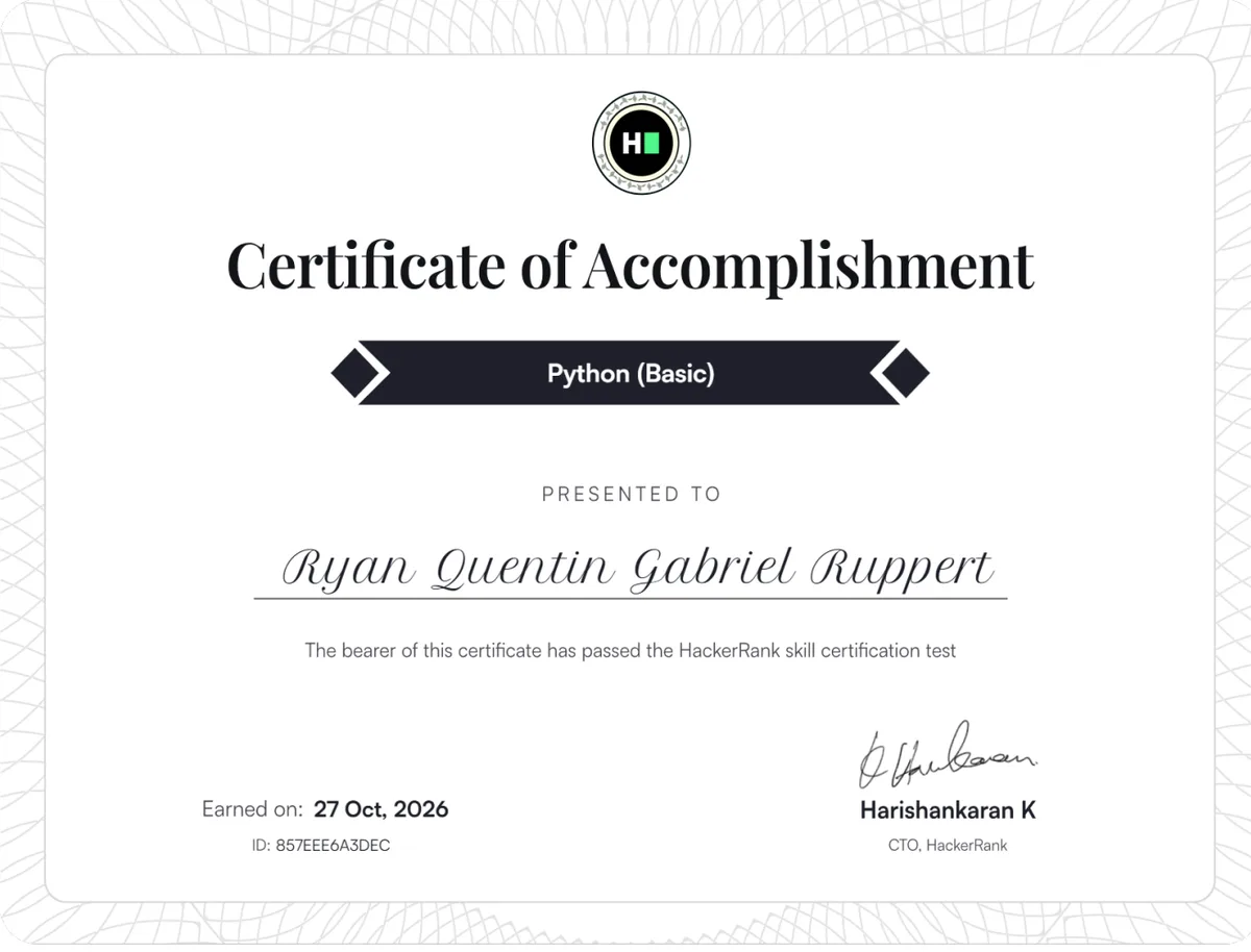 HackerRank-Zertifikat Python (Basic), ausgestellt für Ryan Quentin Gabriel Ruppert am 27.10.2026