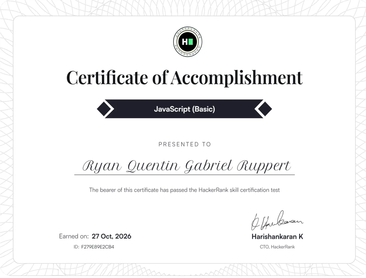 HackerRank-Zertifikat JavaScript (Basic), ausgestellt für Ryan Quentin Gabriel Ruppert am 27.10.2026