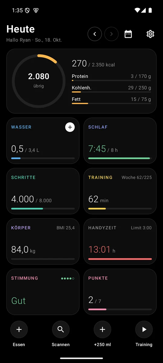 MONO Startseite mit Kalorienring, Wasser, Schlaf, Schritten und Training